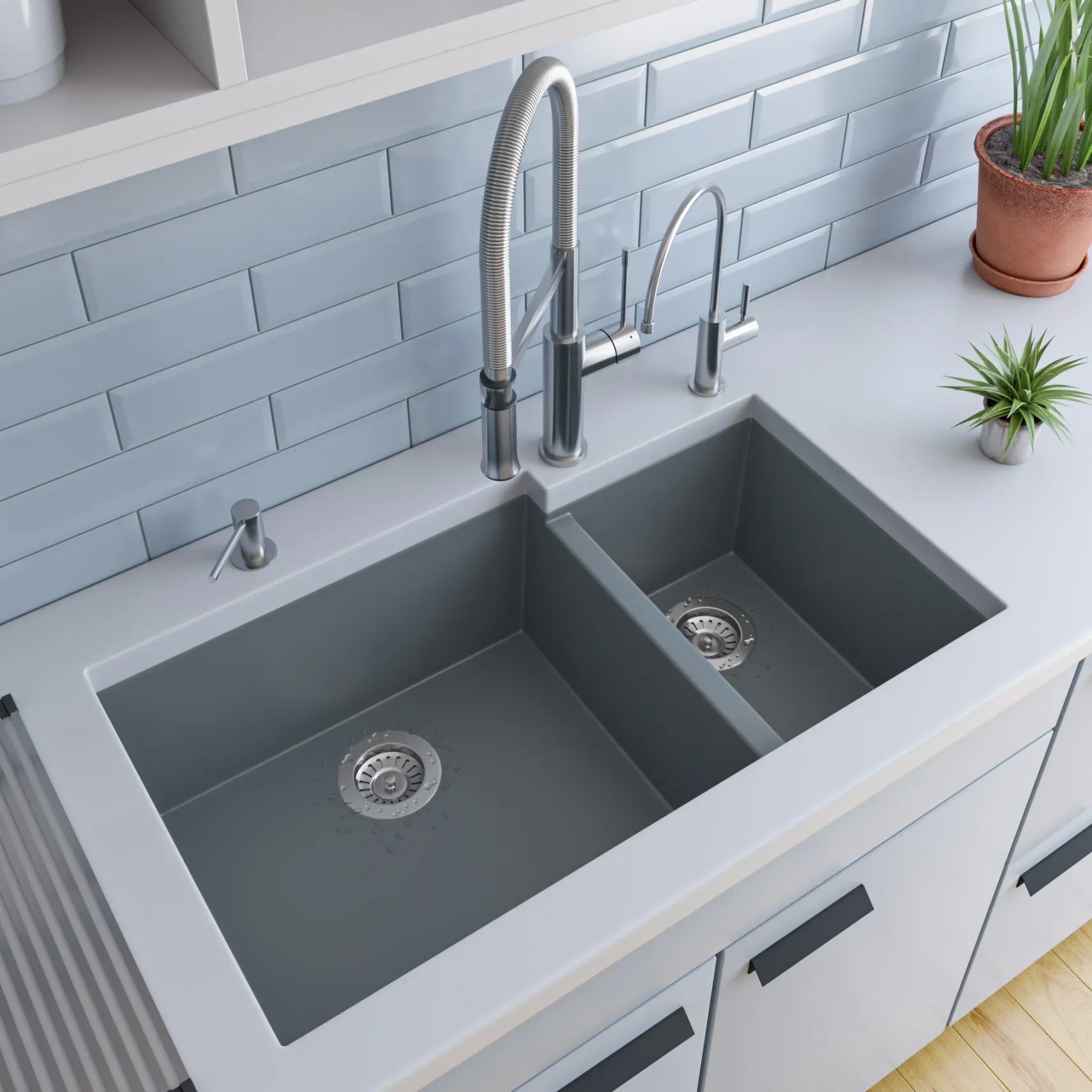 ALFI brand AB3319UM-T Titanium 34" Double Bowl Undermount Granite Composite Kitchen Sink