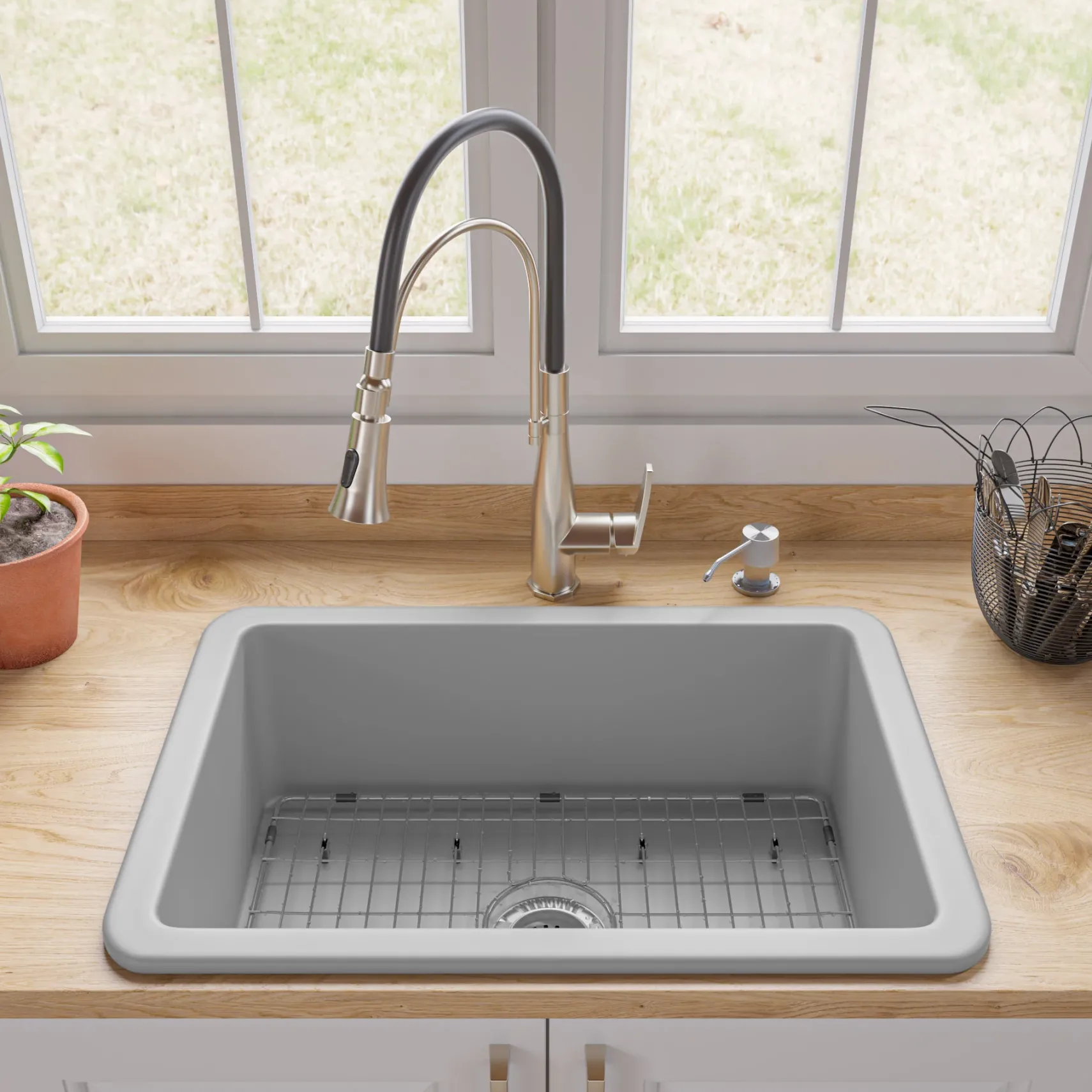 ALFI brand 27" Dual Mount Fireclay Kitchen Sink, Gray Matte, No Faucet Hole, ABF2718UD-GM