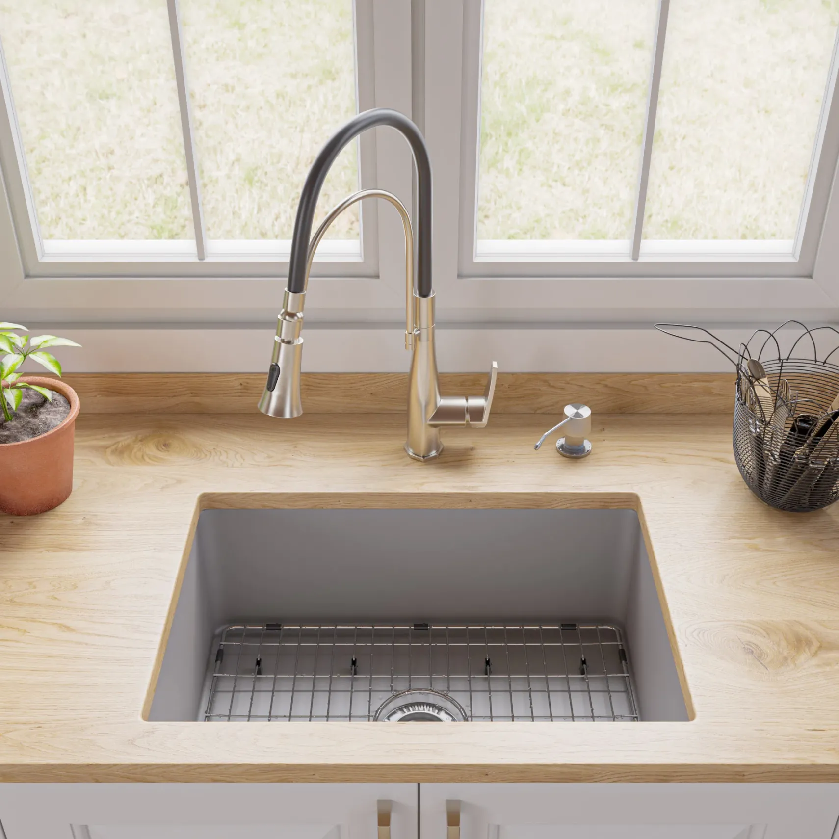 ALFI brand 27" Dual Mount Fireclay Kitchen Sink, Gray Matte, No Faucet Hole, ABF2718UD-GM