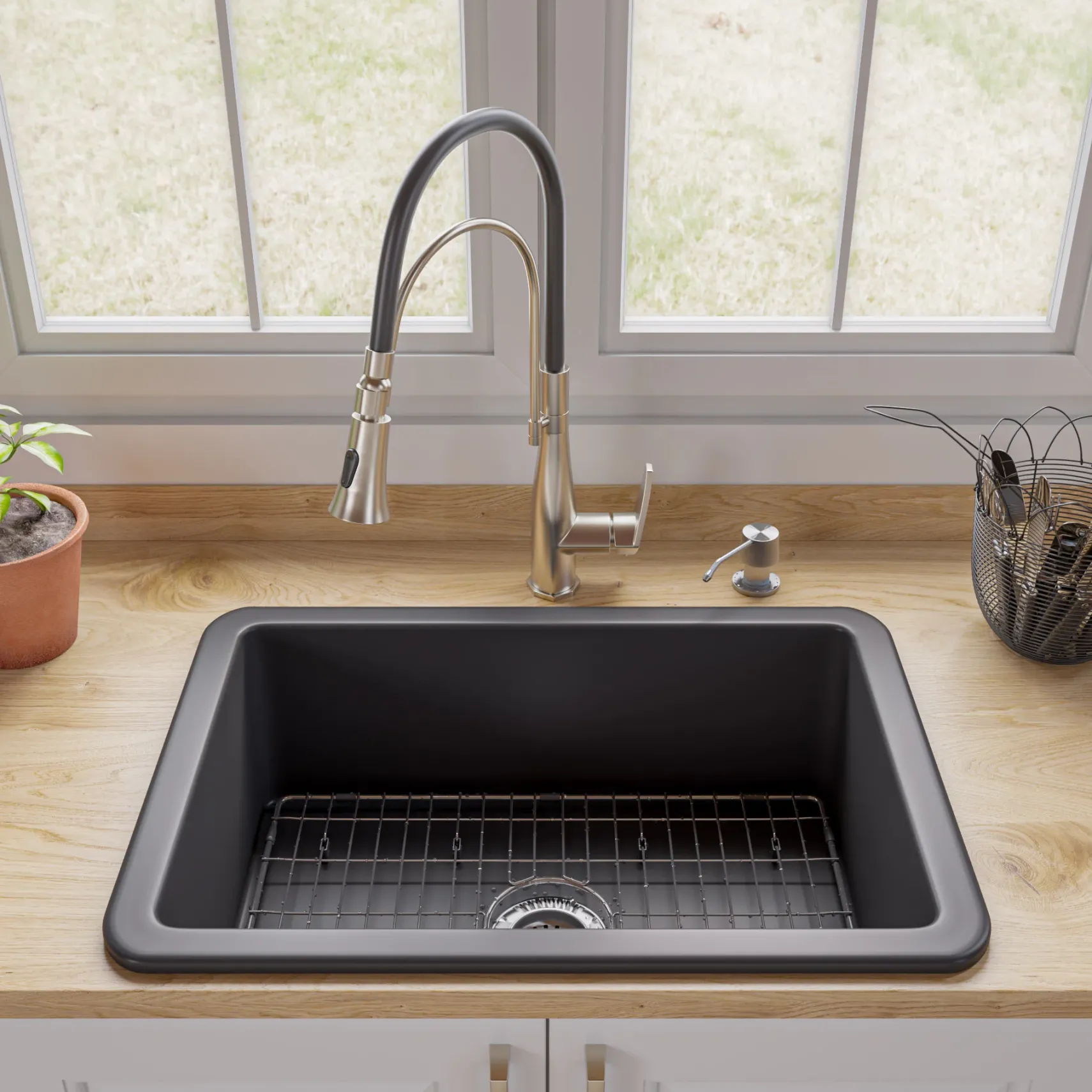 ALFI brand 27" Dual Mount Fireclay Kitchen Sink, Black Matte, No Faucet Hole, ABF2718UD-BM