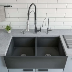 ALFI brand 33" Fireclay Farmhouse Sink, 50/50 Double Bowl, Concrete, ABCO3318DB