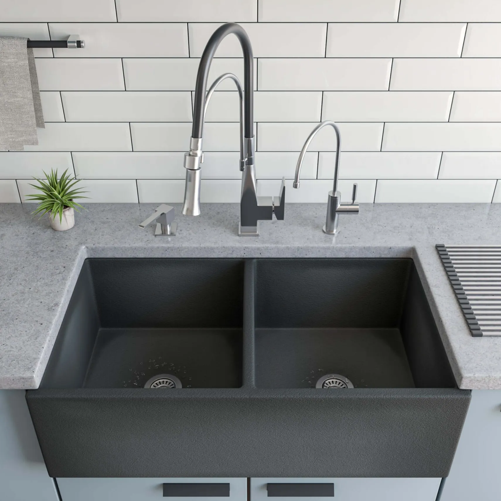 ALFI brand 33" Fireclay Farmhouse Sink, 50/50 Double Bowl, Concrete, ABCO3318DB