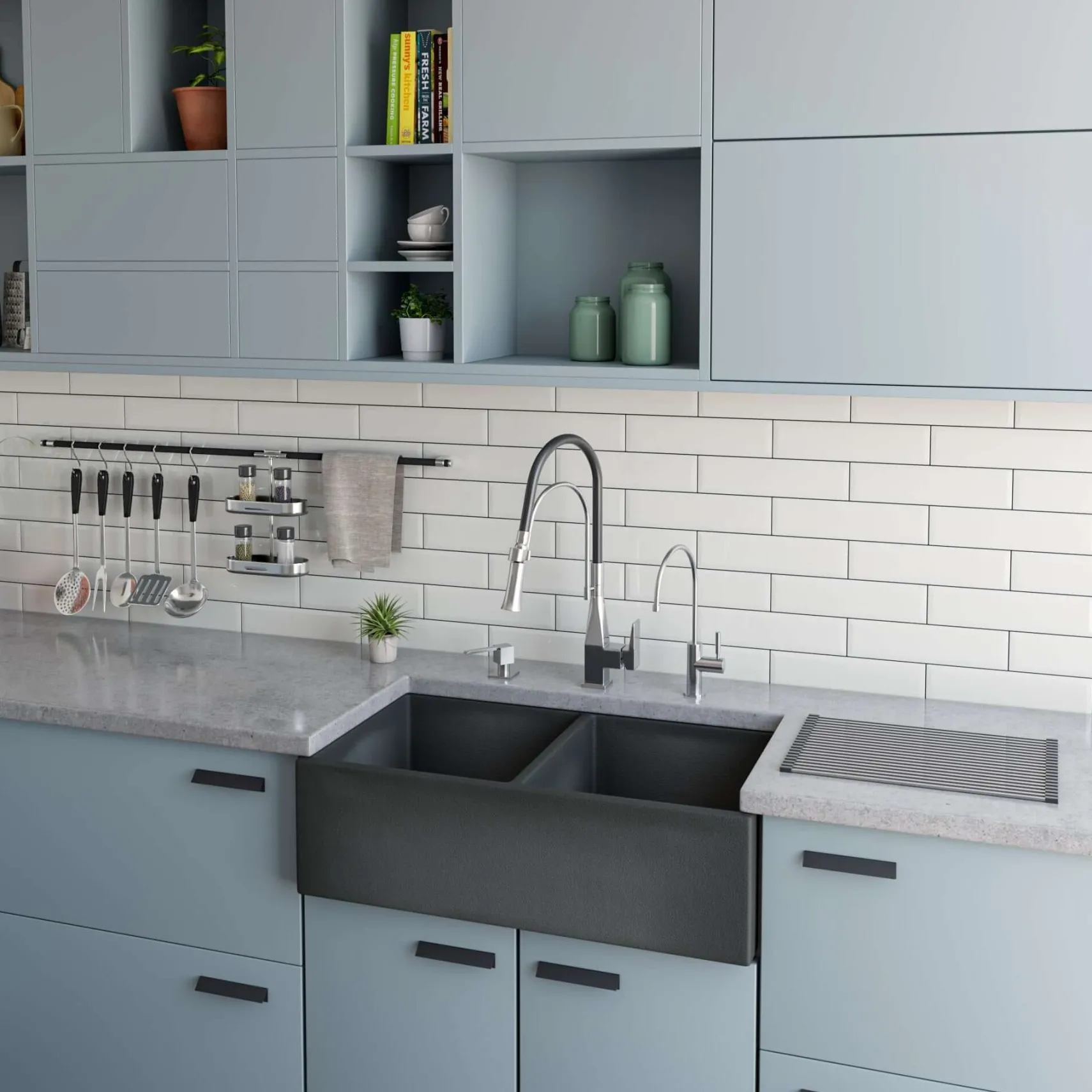 ALFI brand 33" Fireclay Farmhouse Sink, 50/50 Double Bowl, Concrete, ABCO3318DB