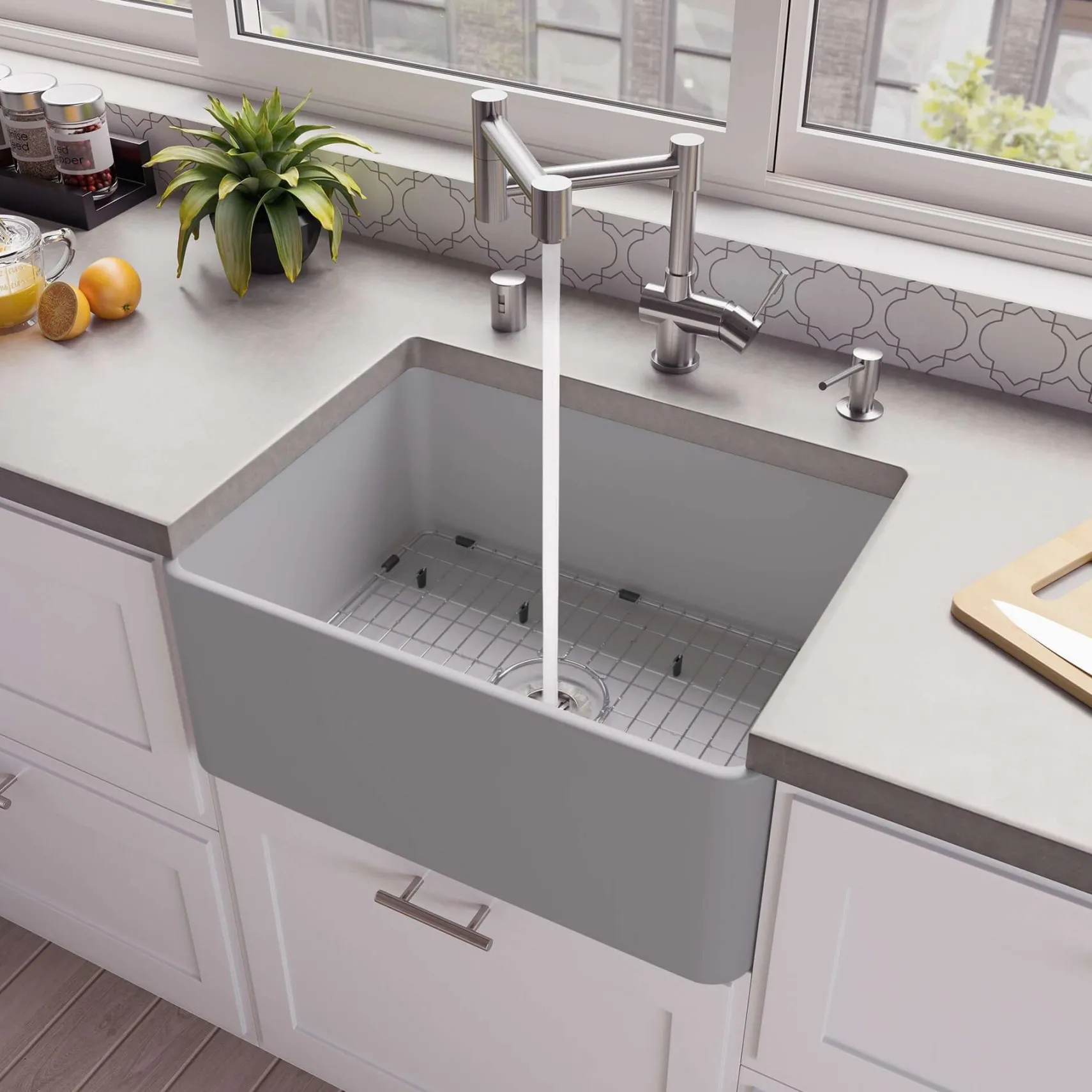 ALFI brand 24" Fireclay Farmhouse Sink, Gray Matte, No Faucet Hole, ABF2418-GM