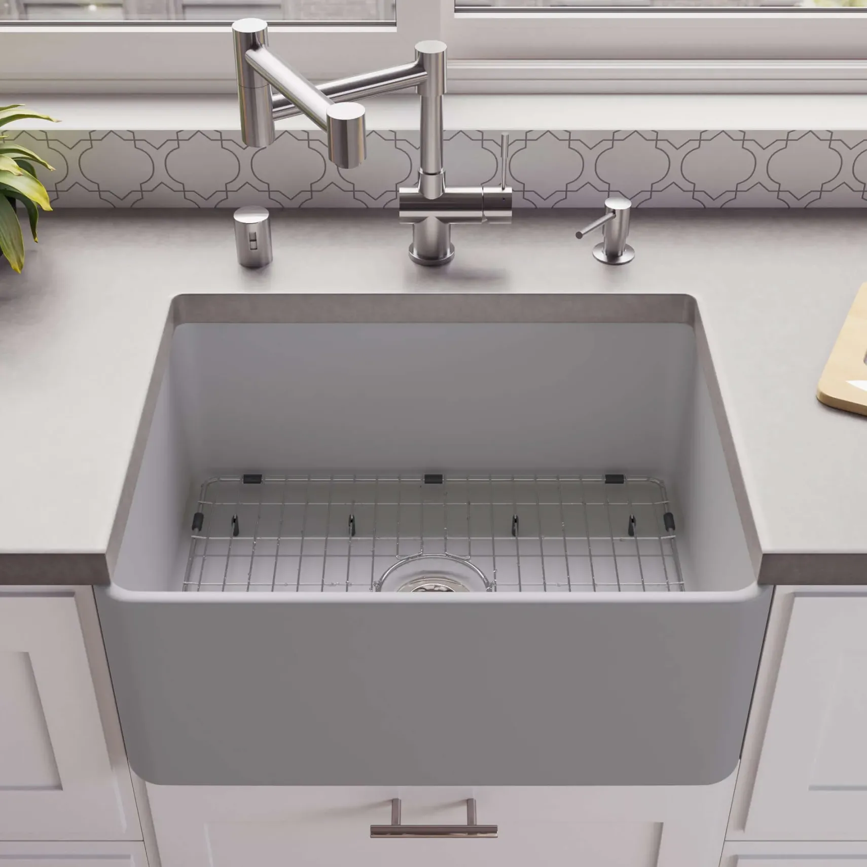 ALFI brand 24" Fireclay Farmhouse Sink, Gray Matte, No Faucet Hole, ABF2418-GM