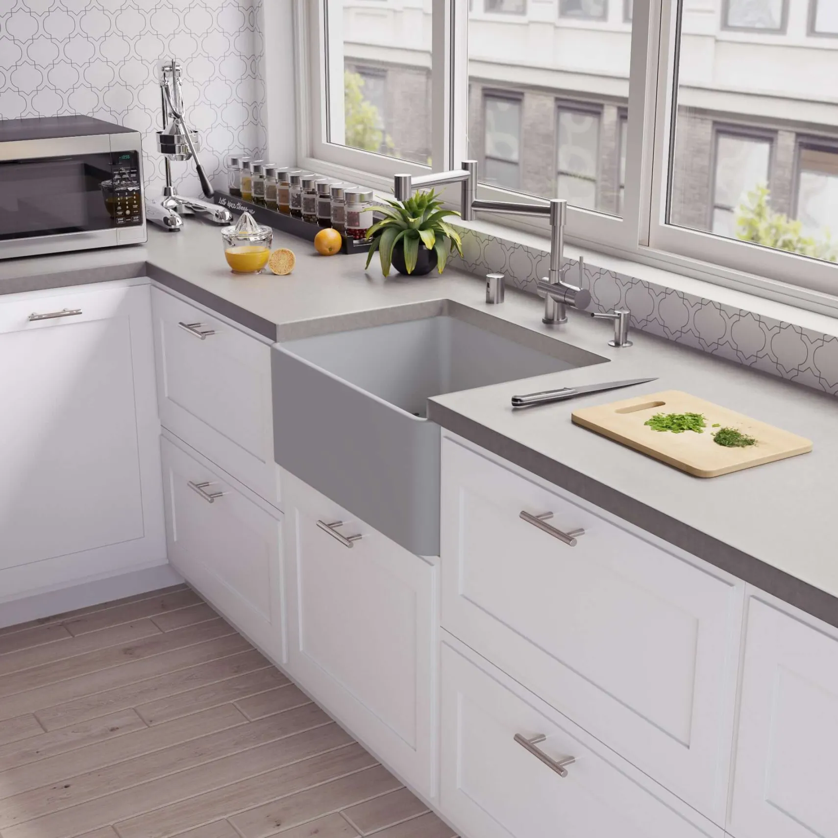 ALFI brand 24" Fireclay Farmhouse Sink, Gray Matte, No Faucet Hole, ABF2418-GM
