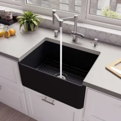 ALFI brand 24" Fireclay Farmhouse Sink, Black Matte, No Faucet Hole, ABF2418-BM