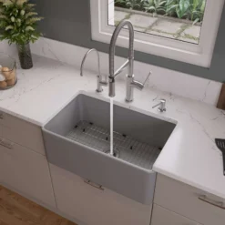 ALFI brand 30" Fireclay Farmhouse Sink, Gray Matte, No Faucet Hole, ABF3018-GM