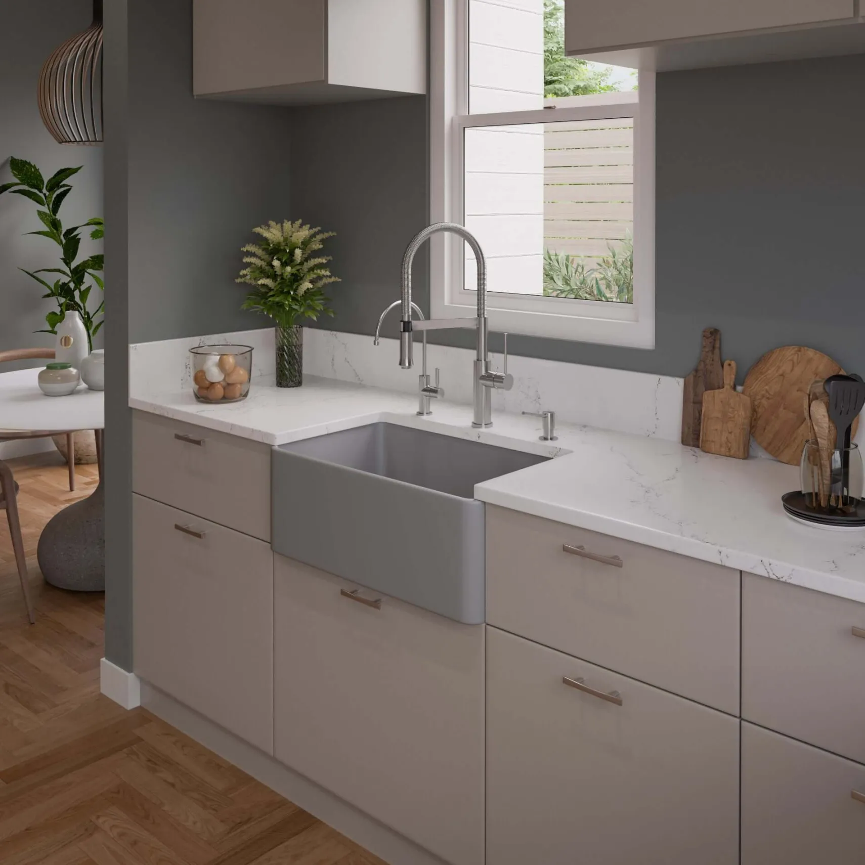ALFI brand 30" Fireclay Farmhouse Sink, Gray Matte, No Faucet Hole, ABF3018-GM