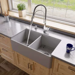 ALFI brand 33" Fireclay Farmhouse Sink, 50/50 Double Bowl, Gray Matte, No Faucet Hole, ABF3318D-GM