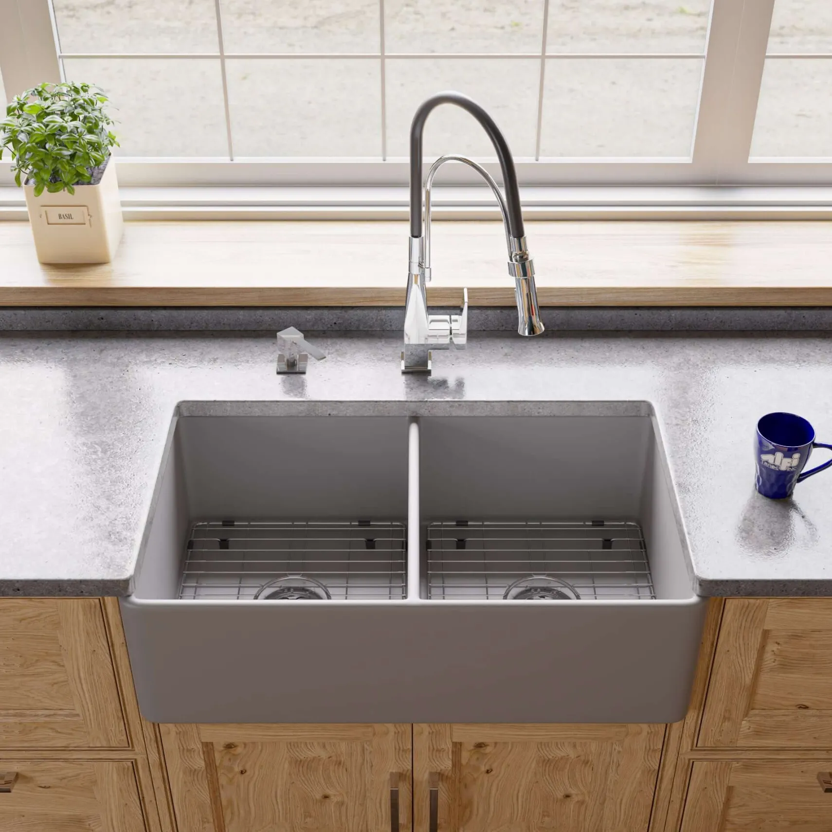 ALFI brand 33" Fireclay Farmhouse Sink, 50/50 Double Bowl, Gray Matte, No Faucet Hole, ABF3318D-GM