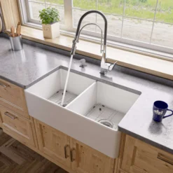 ALFI brand 33" Fireclay Farmhouse Sink, 50/50 Double Bowl, White, No Faucet Hole, ABF3318D-W