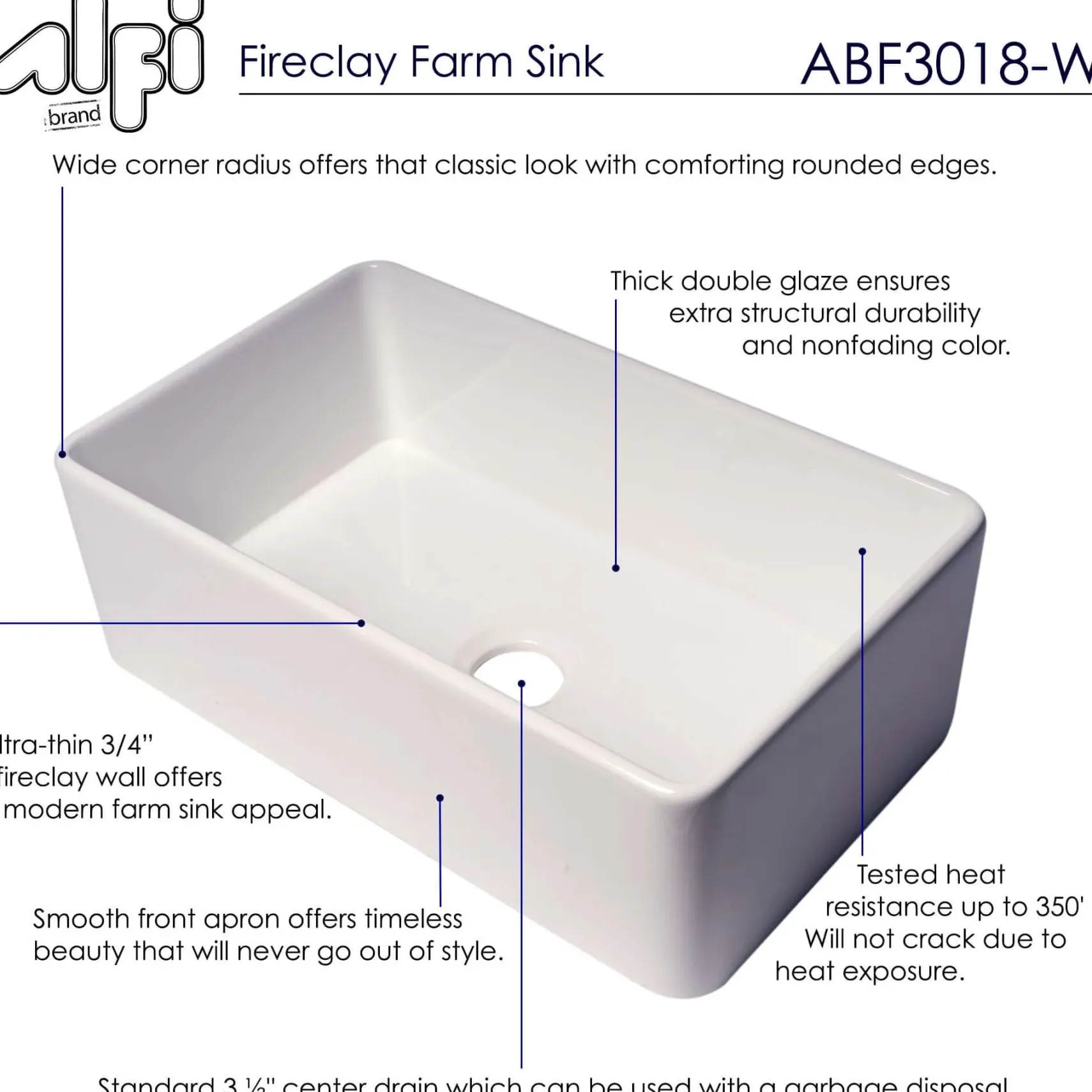 ALFI brand 30" Fireclay Farmhouse Sink, White, ABF3018-W