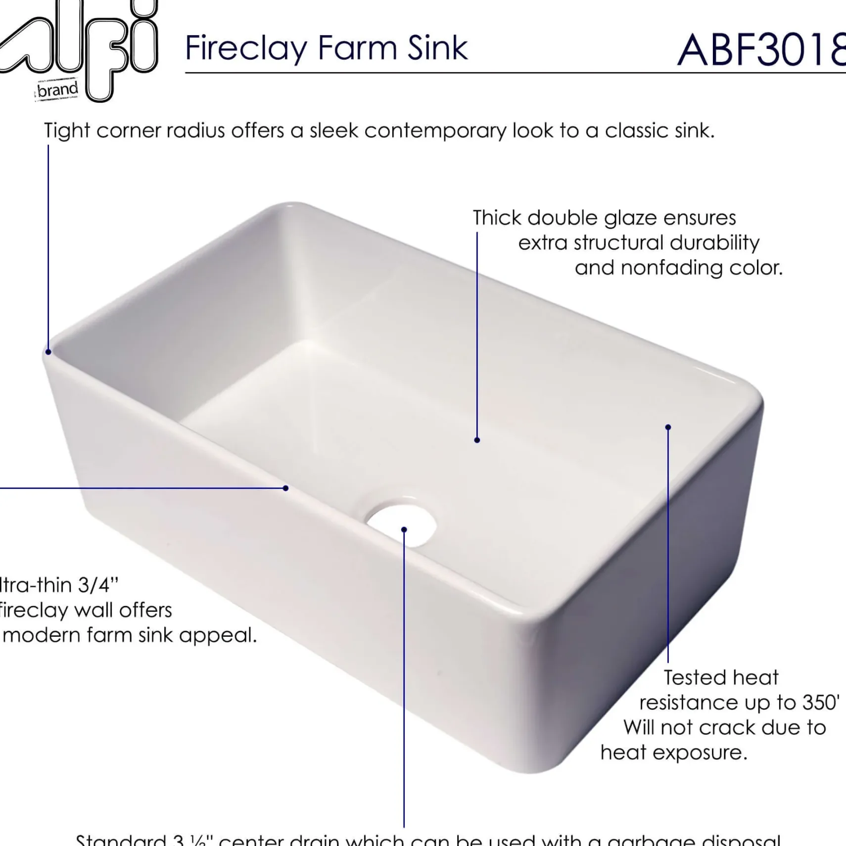 ALFI brand 30" Fireclay Farmhouse Sink, White, ABF3018-W
