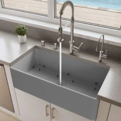 ALFI brand 36" Fireclay Farmhouse Sink, Gray Matte, No Faucet Hole, ABF3618-GM