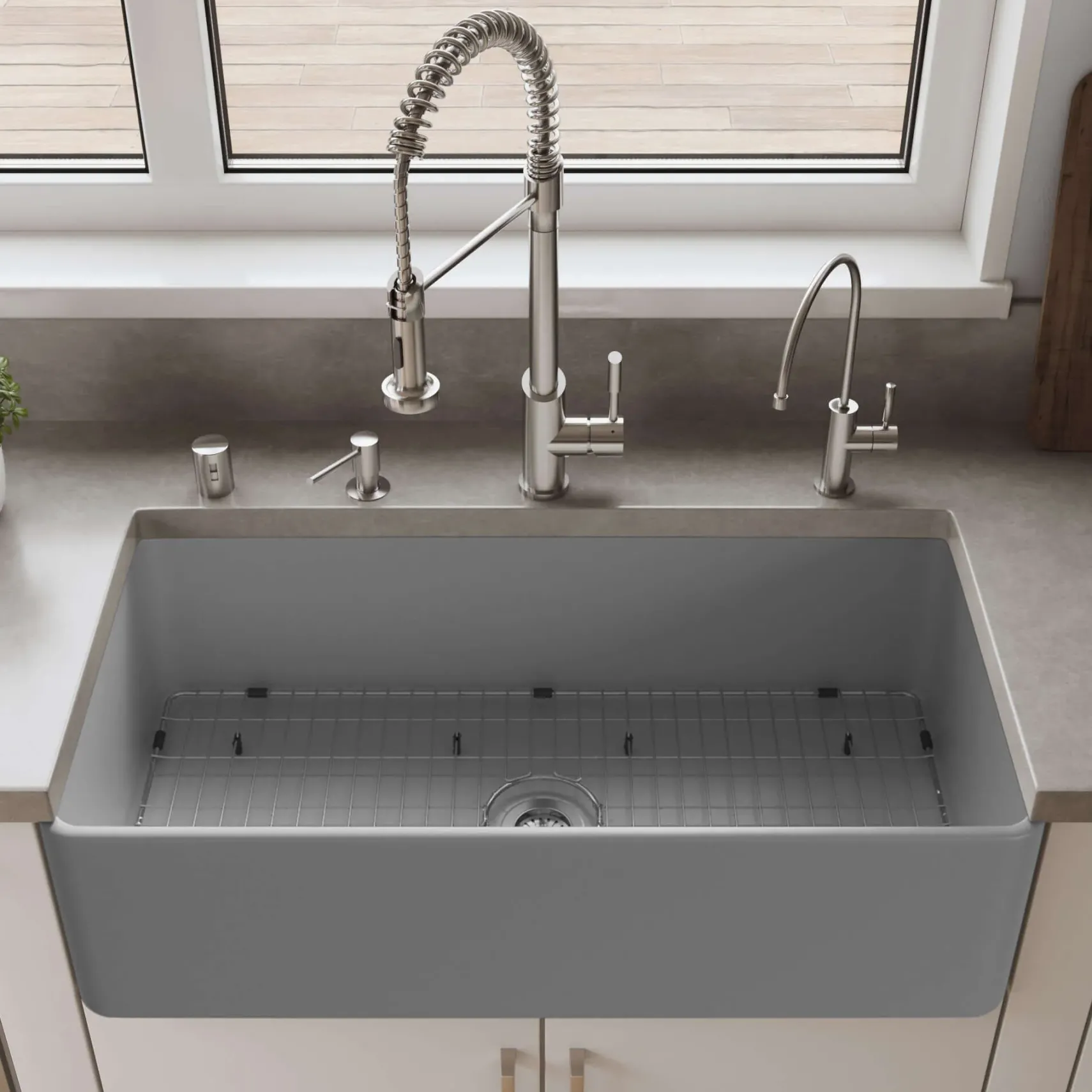 ALFI brand 36" Fireclay Farmhouse Sink, Gray Matte, No Faucet Hole, ABF3618-GM