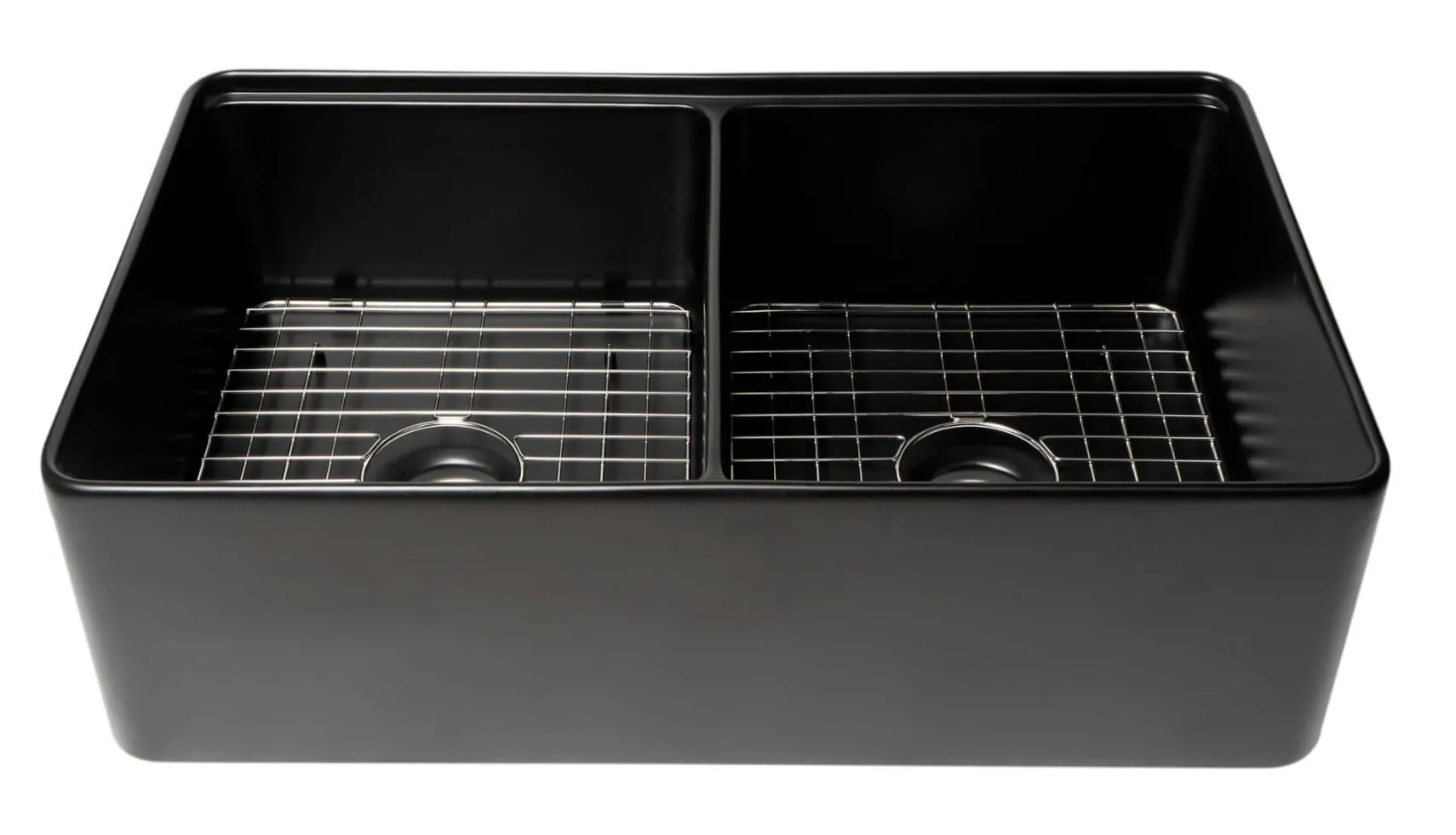 ALFI brand 33" Fireclay Workstation Farmhouse Step Rim Sink with Accessories, 50/50 Double Bowl, Black Matte, No Faucet Hole, ABFS3320D-BM