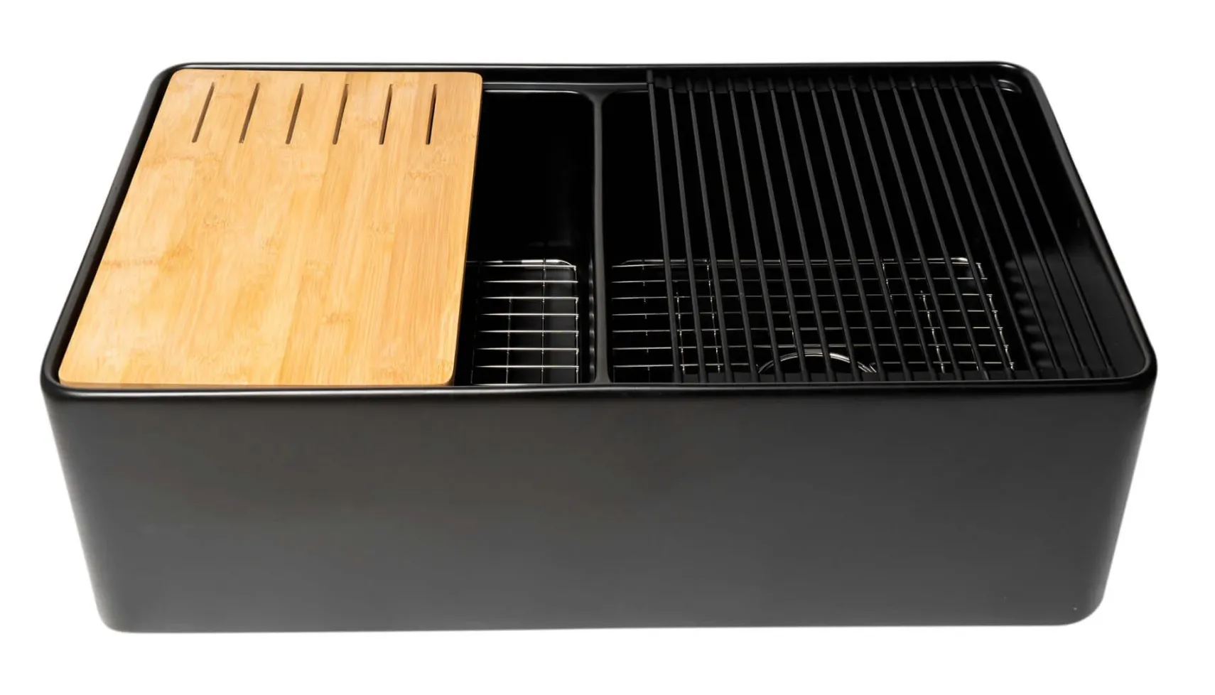ALFI brand 33" Fireclay Workstation Farmhouse Step Rim Sink with Accessories, 50/50 Double Bowl, Black Matte, No Faucet Hole, ABFS3320D-BM