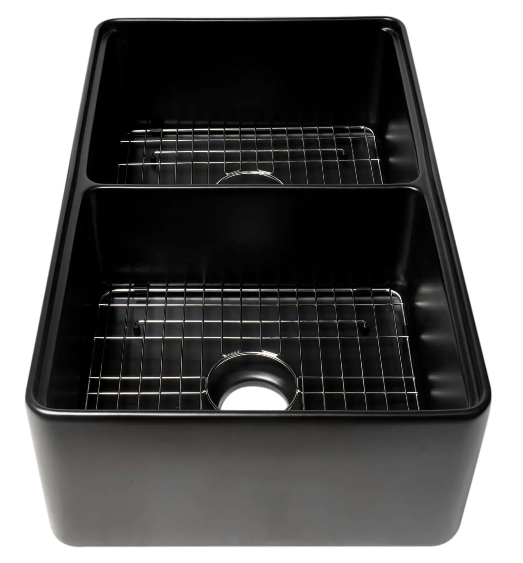 ALFI brand 33" Fireclay Workstation Farmhouse Step Rim Sink with Accessories, 50/50 Double Bowl, Black Matte, No Faucet Hole, ABFS3320D-BM