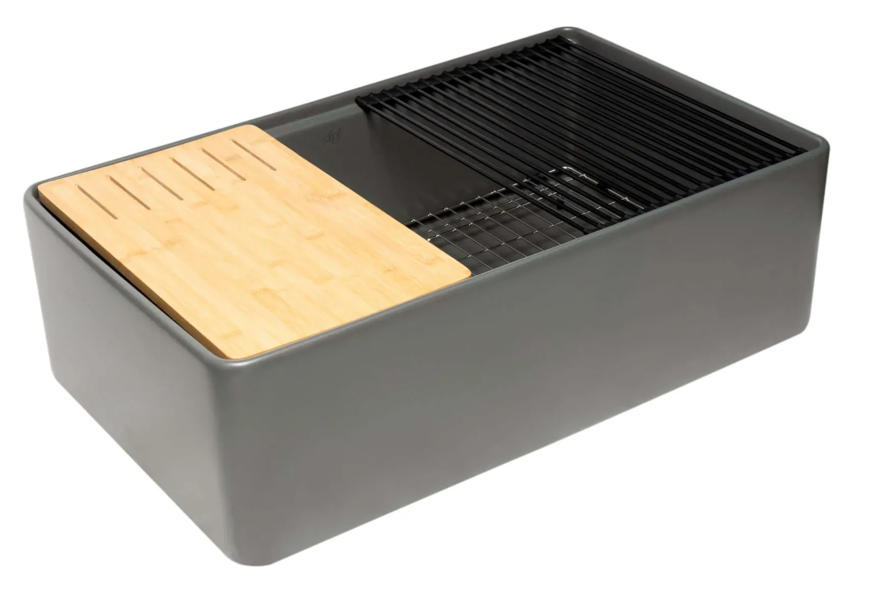 ALFI brand 33" Fireclay Workstation Farmhouse Step Rim Sink with Accessories, Gray Matte, No Faucet Hole, ABFS3320S-GM