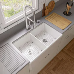 ALFI brand 33" Fireclay Workstation Farmhouse Sink with Accessories, 50/50 Double Bowl, White, No Faucet Hole, ABFS3320D-W