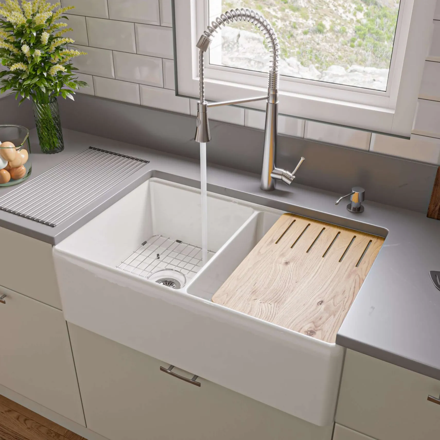ALFI brand 33" Fireclay Workstation Farmhouse Sink with Accessories, 50/50 Double Bowl, White, No Faucet Hole, ABFS3320D-W