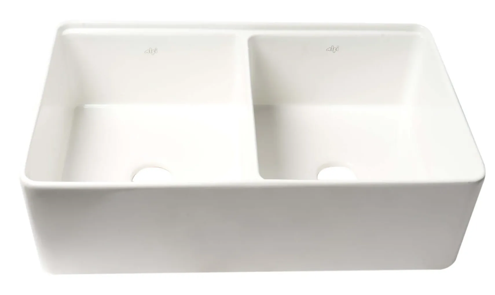 ALFI brand 33" Fireclay Workstation Farmhouse Sink with Accessories, 50/50 Double Bowl, White, No Faucet Hole, ABFS3320D-W