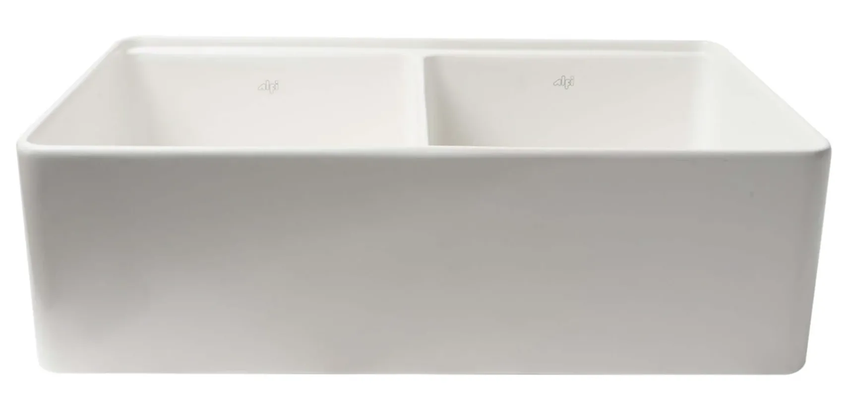 ALFI brand 33" Fireclay Workstation Farmhouse Sink with Accessories, 50/50 Double Bowl, White, No Faucet Hole, ABFS3320D-W