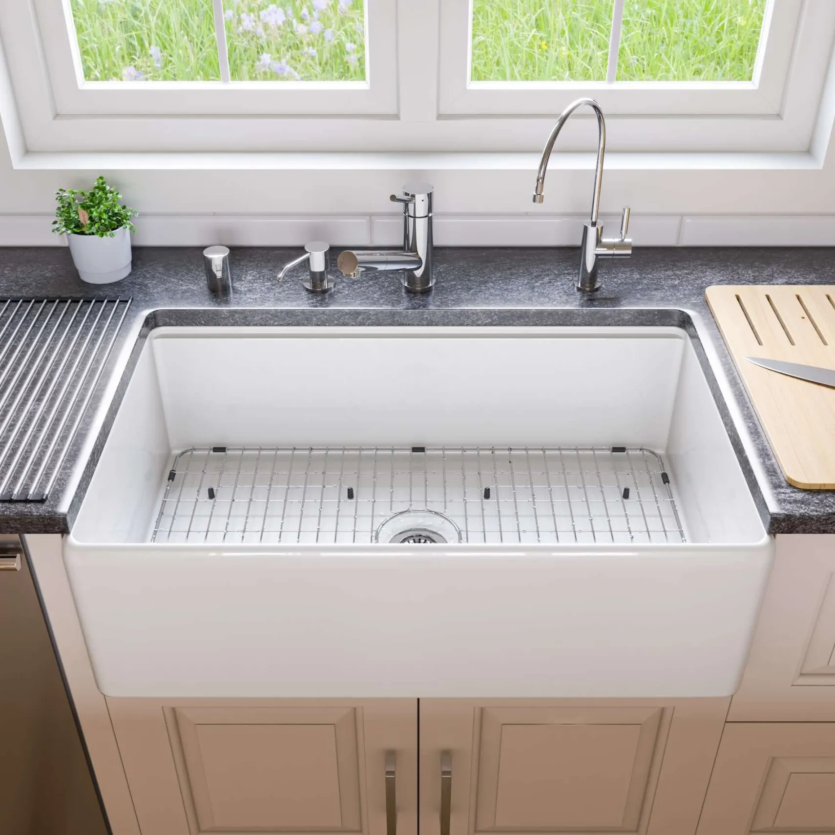 ALFI brand 33" Fireclay Workstation Farmhouse Sink with Accessories, White, ABFS3320S-W