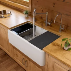 ALFI brand 33" Granite Composite Workstation Farmhouse Sink with Accessories, White, No Faucet Hole, AB33FARM-W