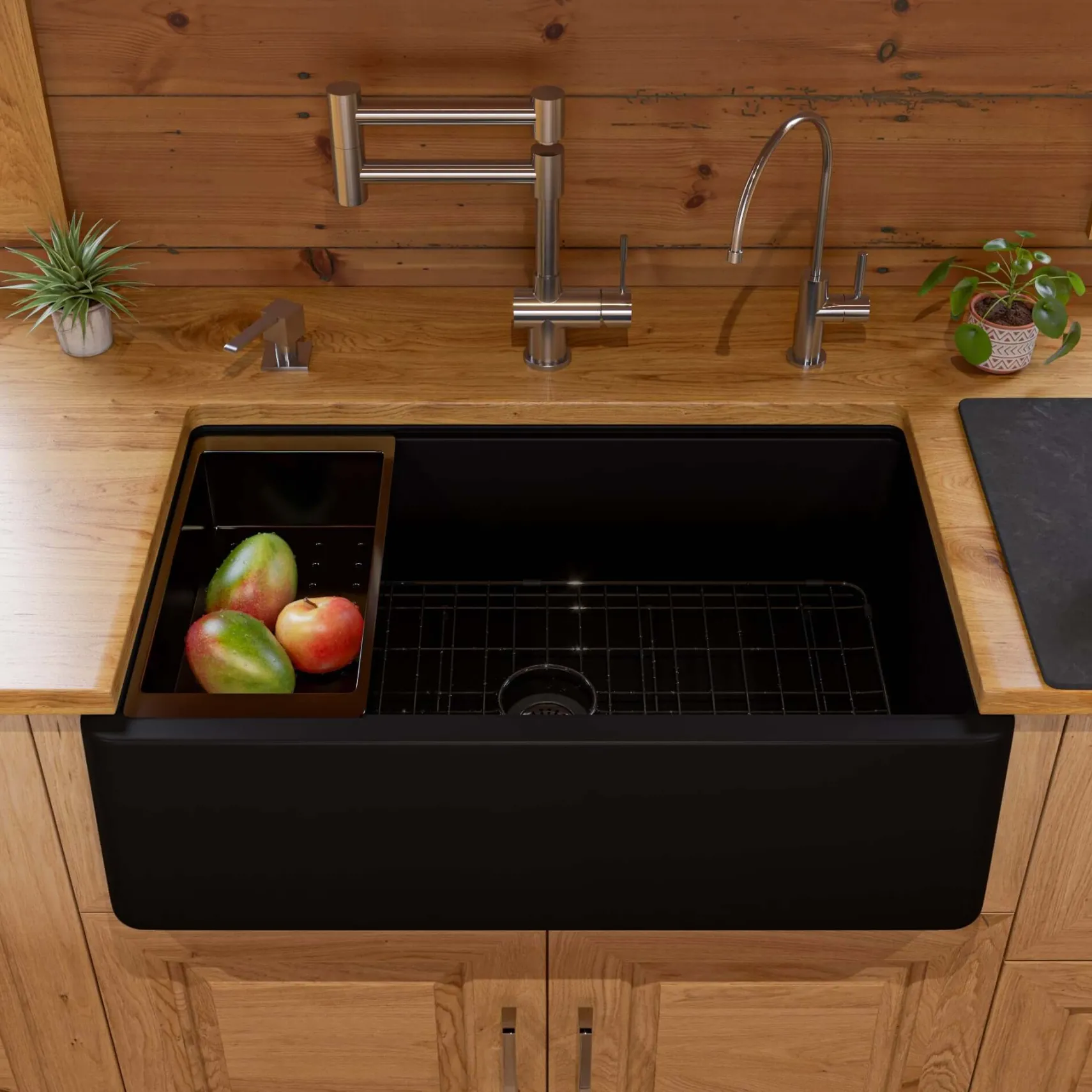 ALFI brand 33" Granite Composite Workstation Farmhouse Sink with Accessories, Black, No Faucet Hole, AB33FARM-BLA