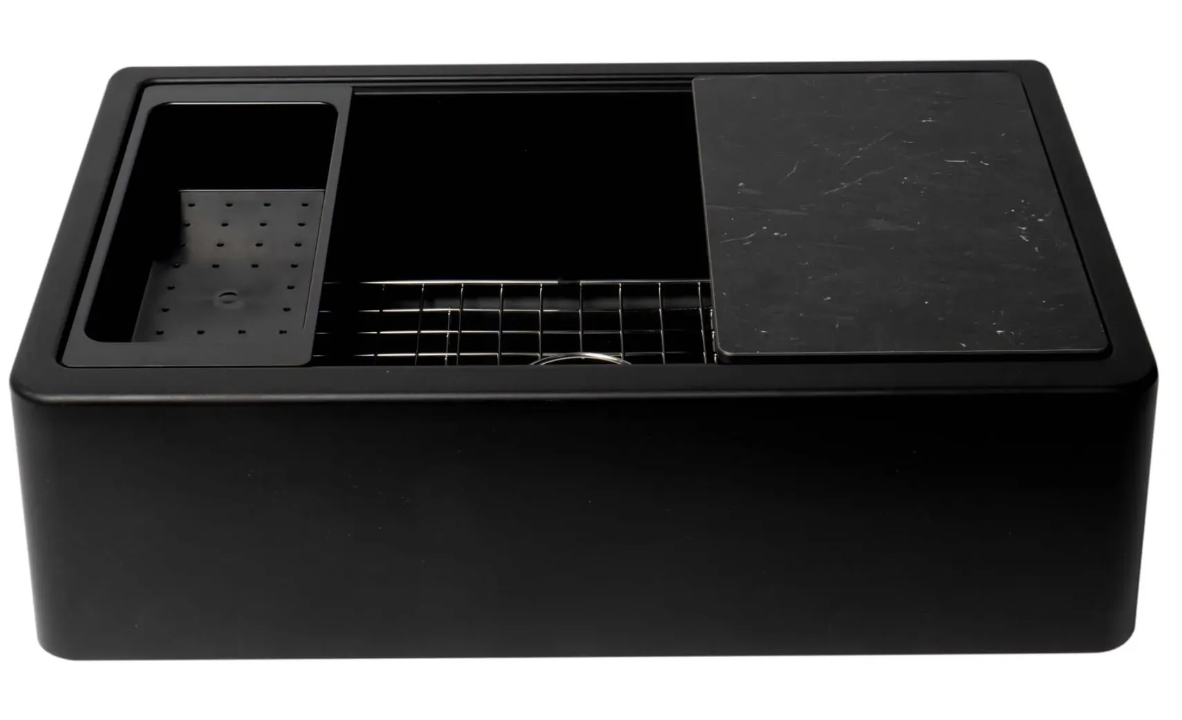 ALFI brand 33" Granite Composite Workstation Farmhouse Sink with Accessories, Black, No Faucet Hole, AB33FARM-BLA