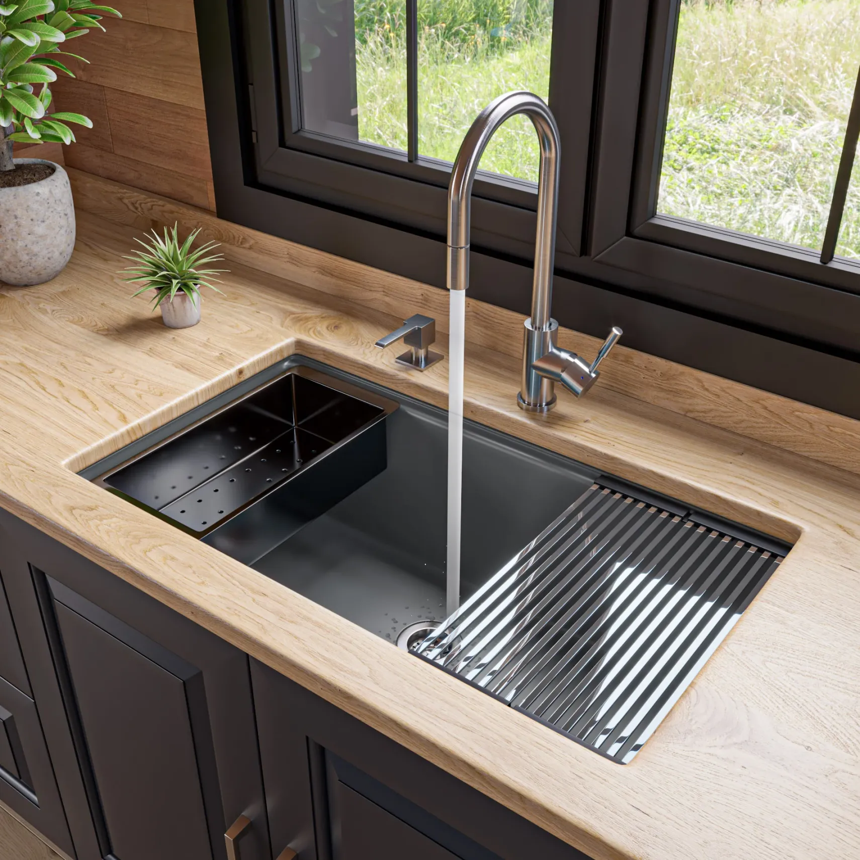 ALFI brand 34" Under Mount Granite Composite Workstation Kitchen Sink with Accessories, Titanium, No Faucet Hole, AB3418SBUM-T