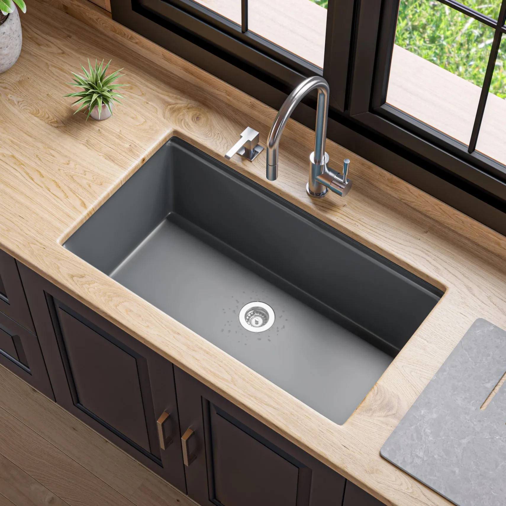 ALFI brand 34" Under Mount Granite Composite Workstation Kitchen Sink with Accessories, Titanium, No Faucet Hole, AB3418SBUM-T