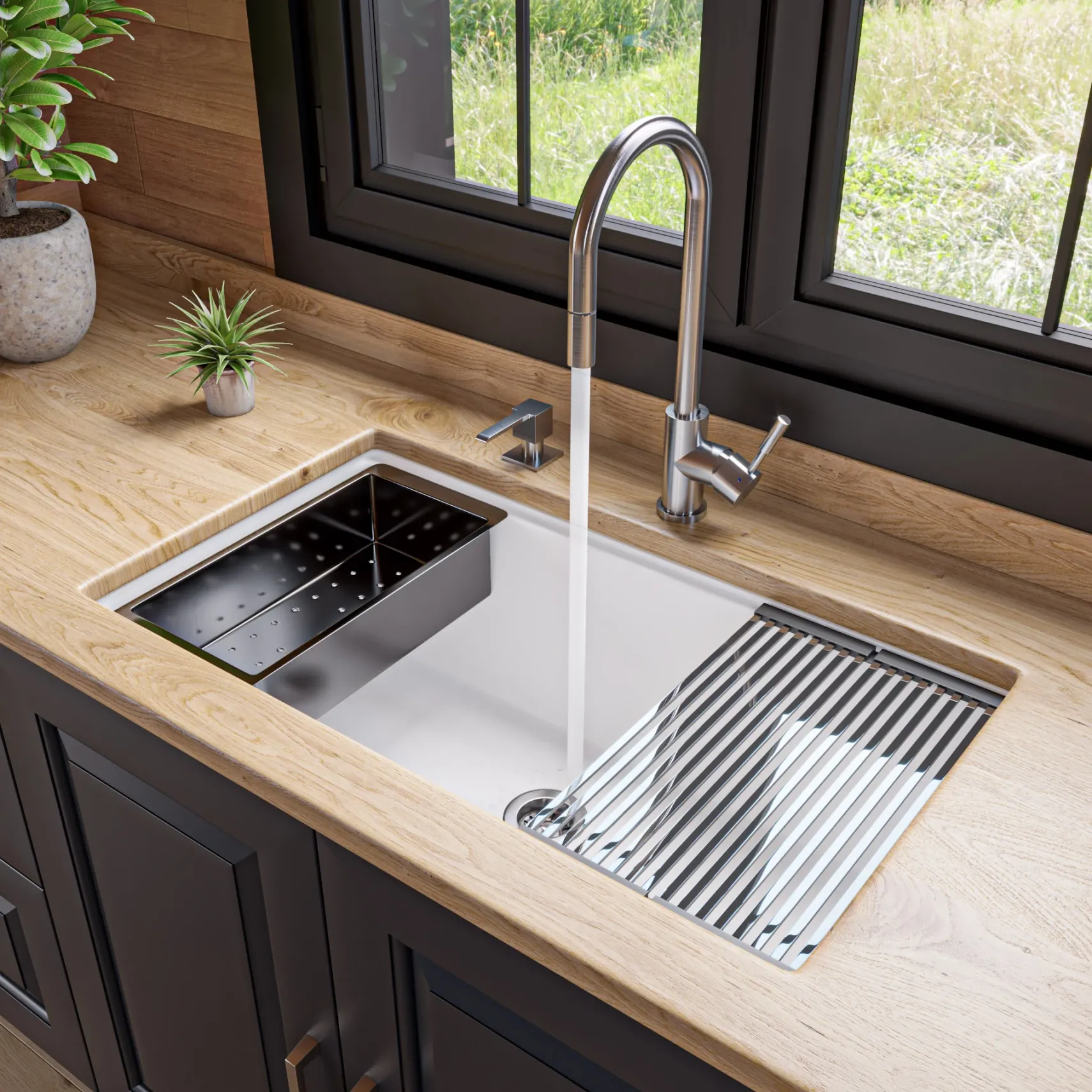 ALFI brand 34" Under Mount Granite Composite Workstation Kitchen Sink with Accessories, White, No Faucet Hole, AB3418SBUM-W