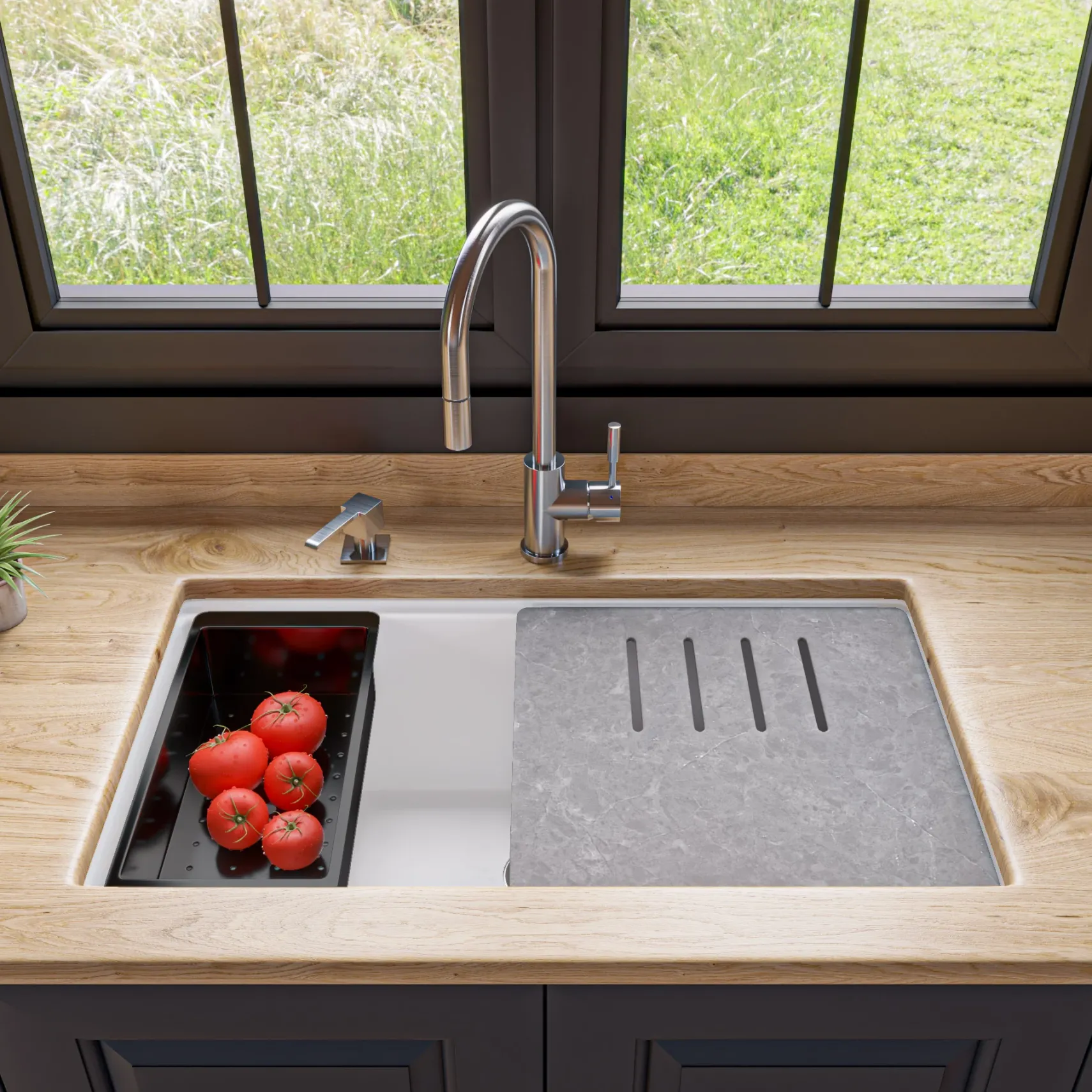ALFI brand 34" Under Mount Granite Composite Workstation Kitchen Sink with Accessories, White, No Faucet Hole, AB3418SBUM-W