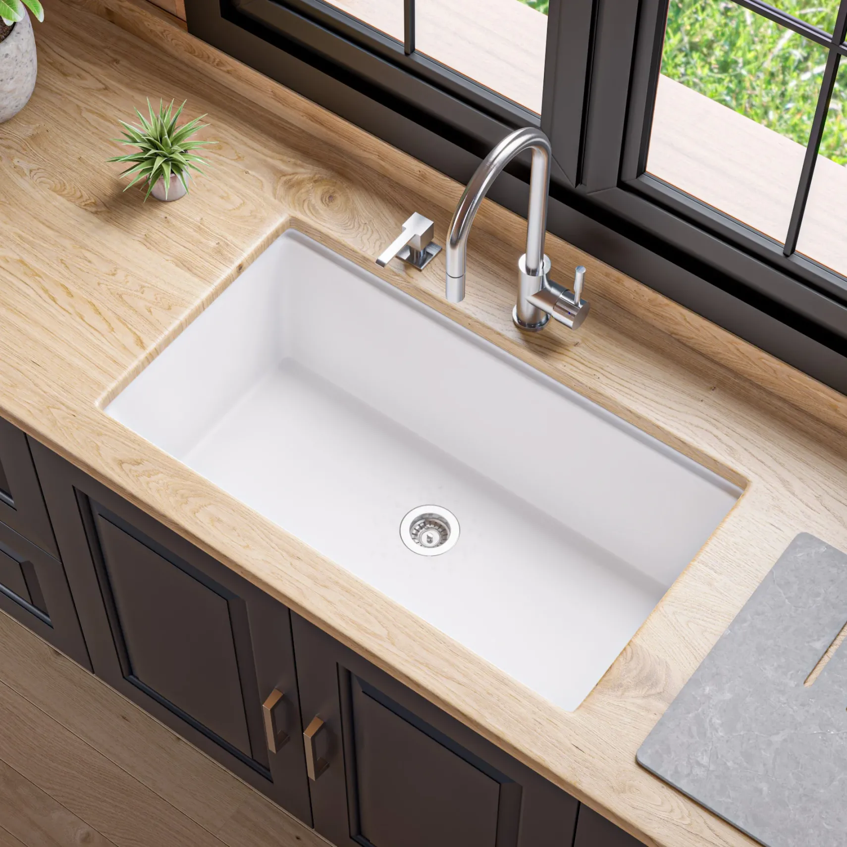 ALFI brand 34" Under Mount Granite Composite Workstation Kitchen Sink with Accessories, White, No Faucet Hole, AB3418SBUM-W