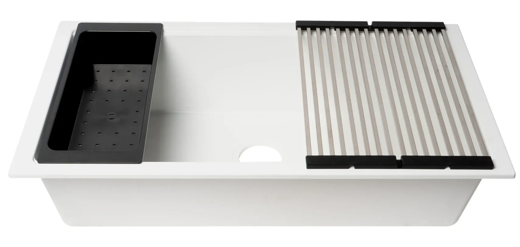ALFI brand 34" Under Mount Granite Composite Workstation Kitchen Sink with Accessories, White, No Faucet Hole, AB3418SBUM-W