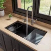 ALFI brand 34" Under Mount Granite Composite Workstation Kitchen Sink with Accessories, Black, No Faucet Hole, AB3418SBUM-BLA