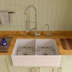 ALFI 32" Decorative Lip Double Bowl Fireclay Farmhouse Apron Sink, White, AB539-W