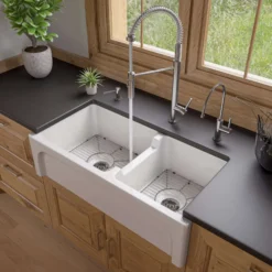 ALFI 36" Double Bowl Thick Wall Fireclay Farmhouse Apron Sink, White, AB3618ARCH-W