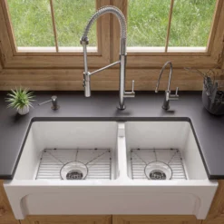 ALFI 36" Double Bowl Thick Wall Fireclay Farmhouse Apron Sink, White, AB3618ARCH-W