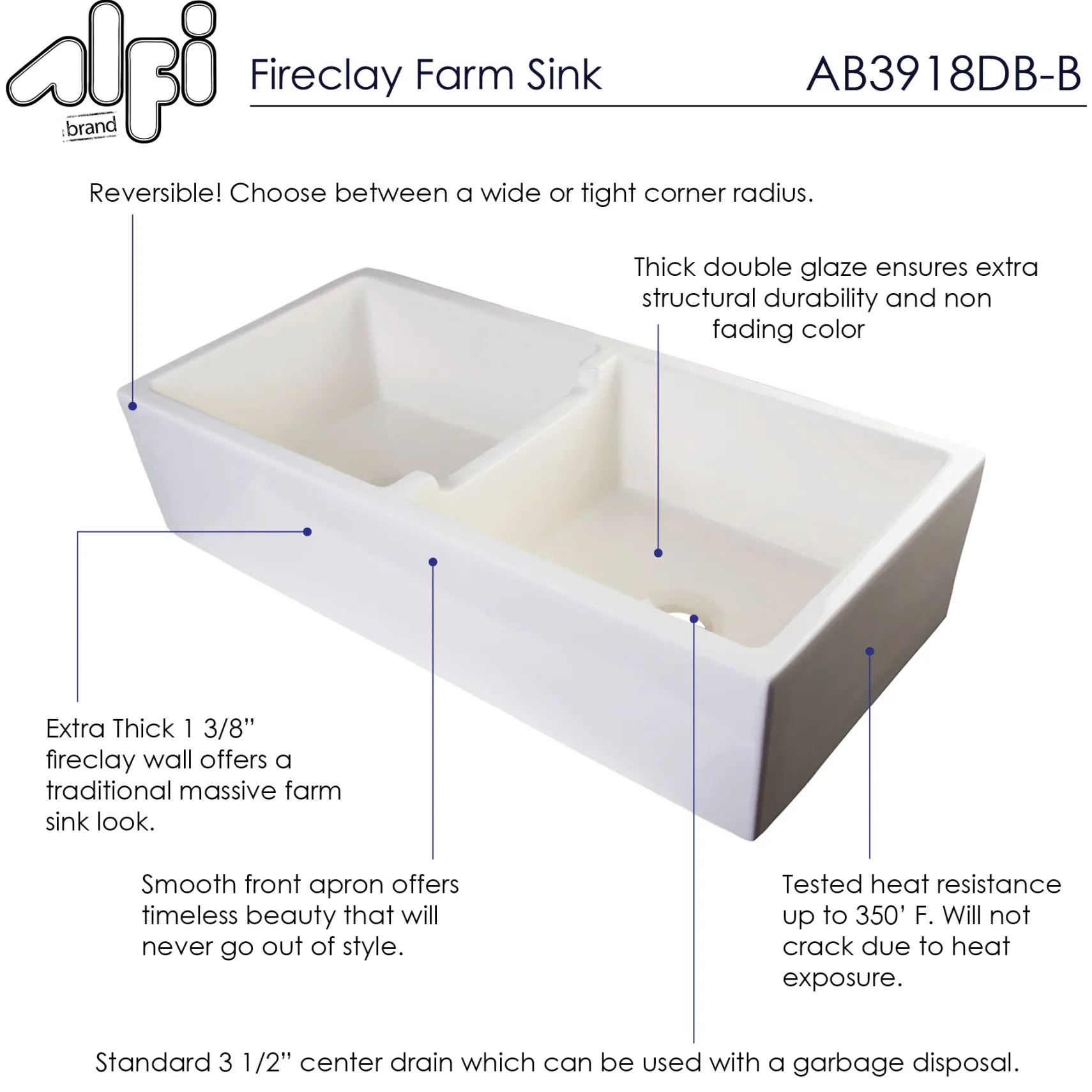 ALFI 39" Fireclay Double Bowl Bowl Farmhouse Apron Sink, Biscuit, AB3918DB-B