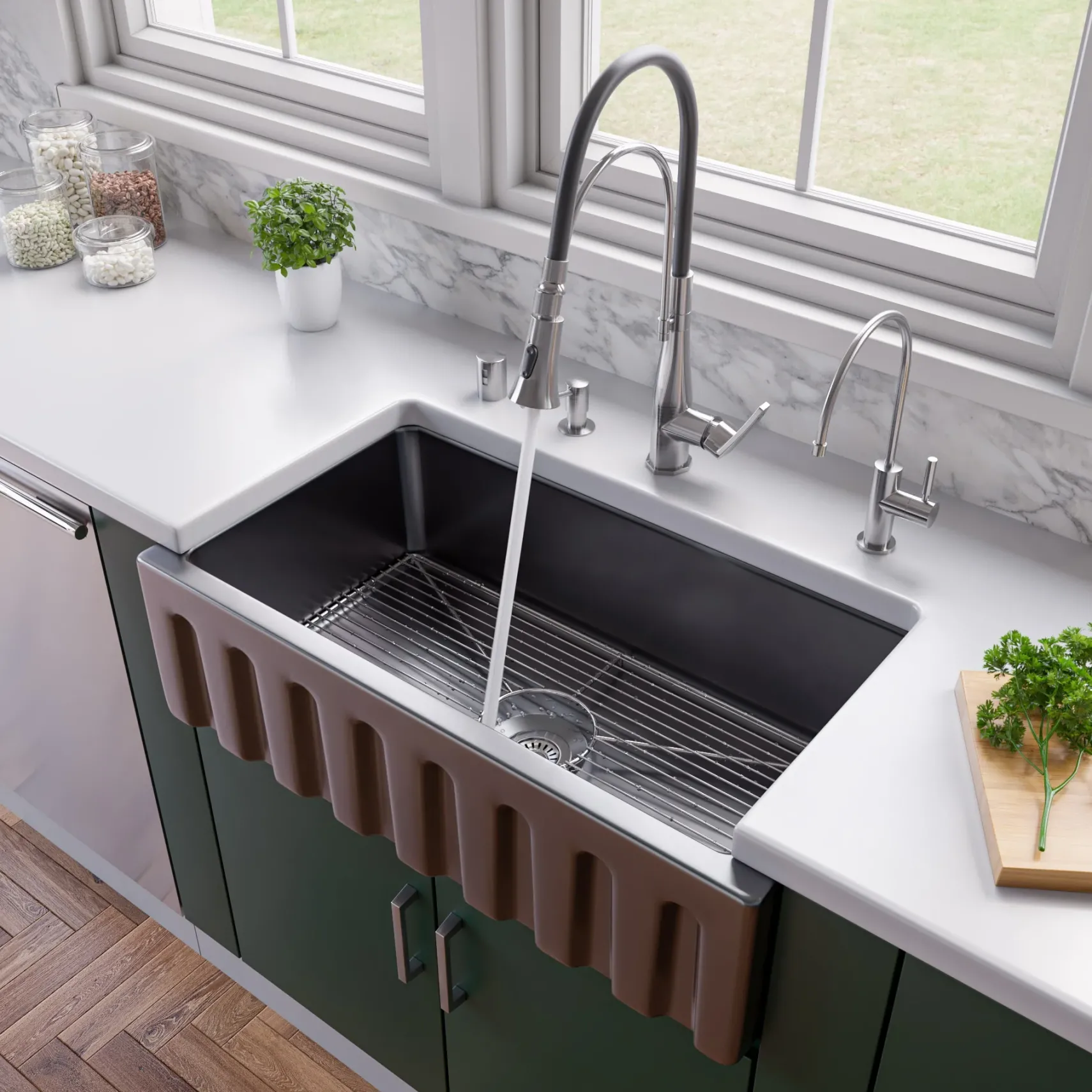 ALFI 33" Fireclay Farmhouse Kitchen Sink, Single Bowl, Reversible, Black Gloss, AB3318HS-BG
