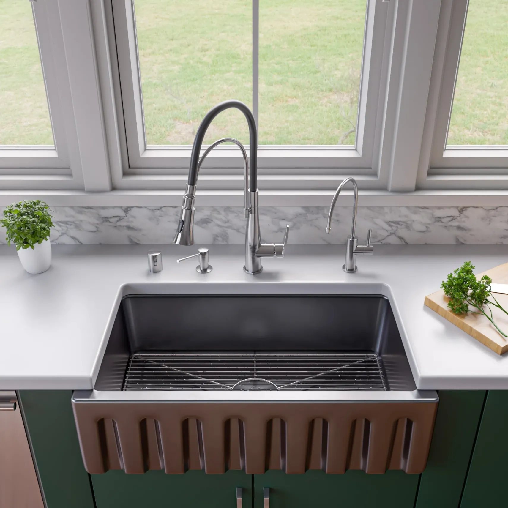 ALFI 33" Fireclay Farmhouse Kitchen Sink, Single Bowl, Reversible, Black Gloss, AB3318HS-BG