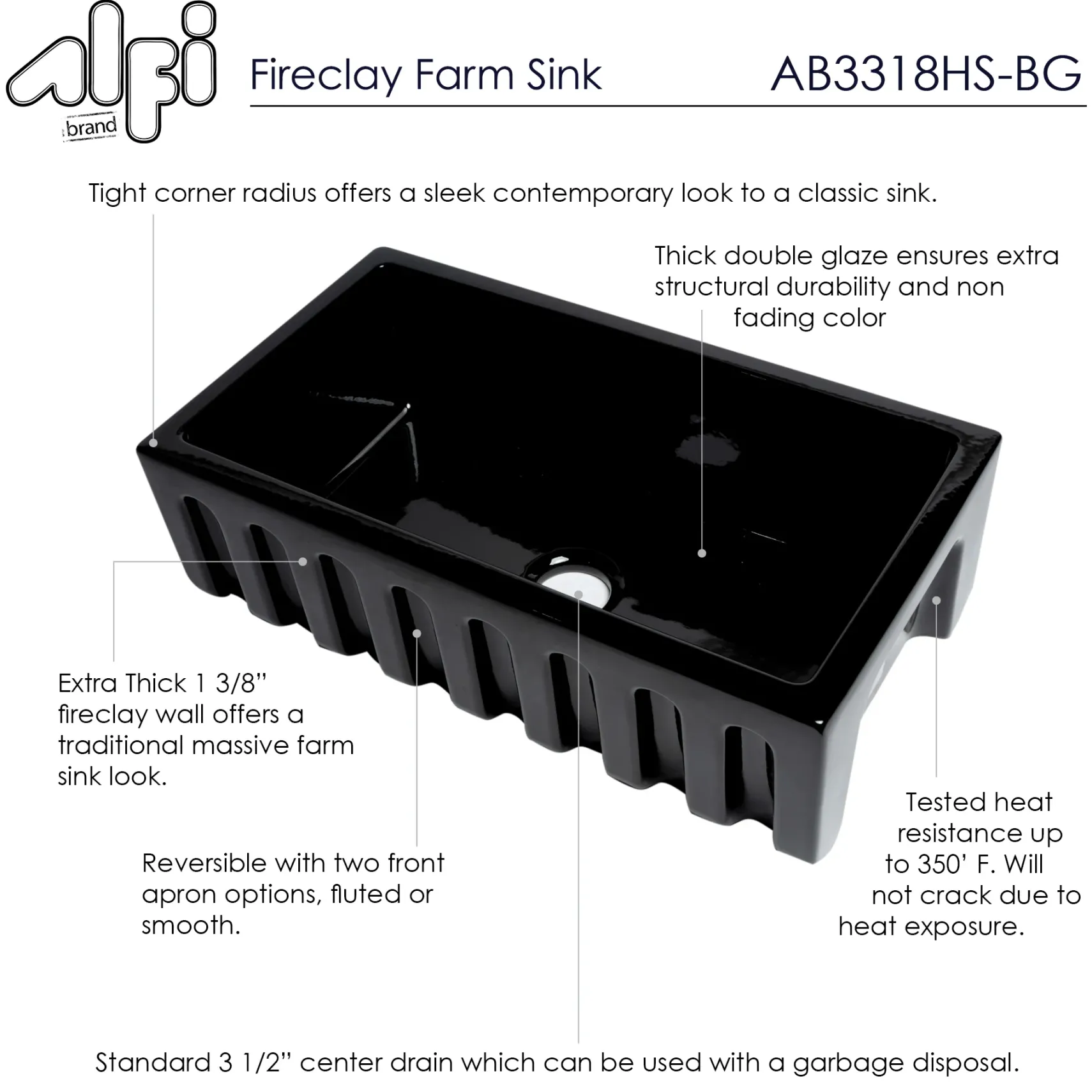 ALFI 33" Fireclay Farmhouse Kitchen Sink, Single Bowl, Reversible, Black Gloss, AB3318HS-BG