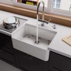 ALFI 23" Fireclay Smooth Apron Single Bowl Farmhouse Apron Sink, White, AB503-W