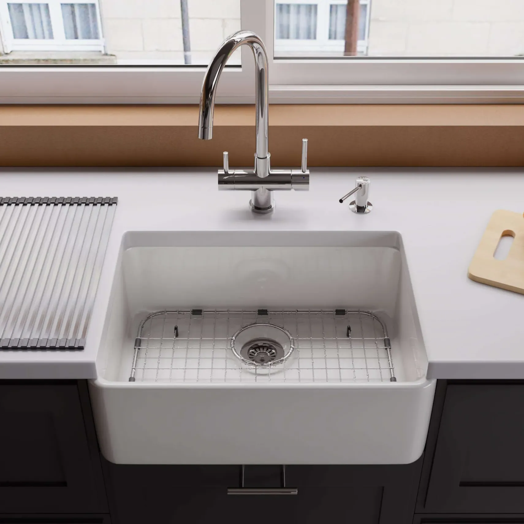 ALFI 23" Fireclay Smooth Apron Single Bowl Farmhouse Apron Sink, White, AB503-W
