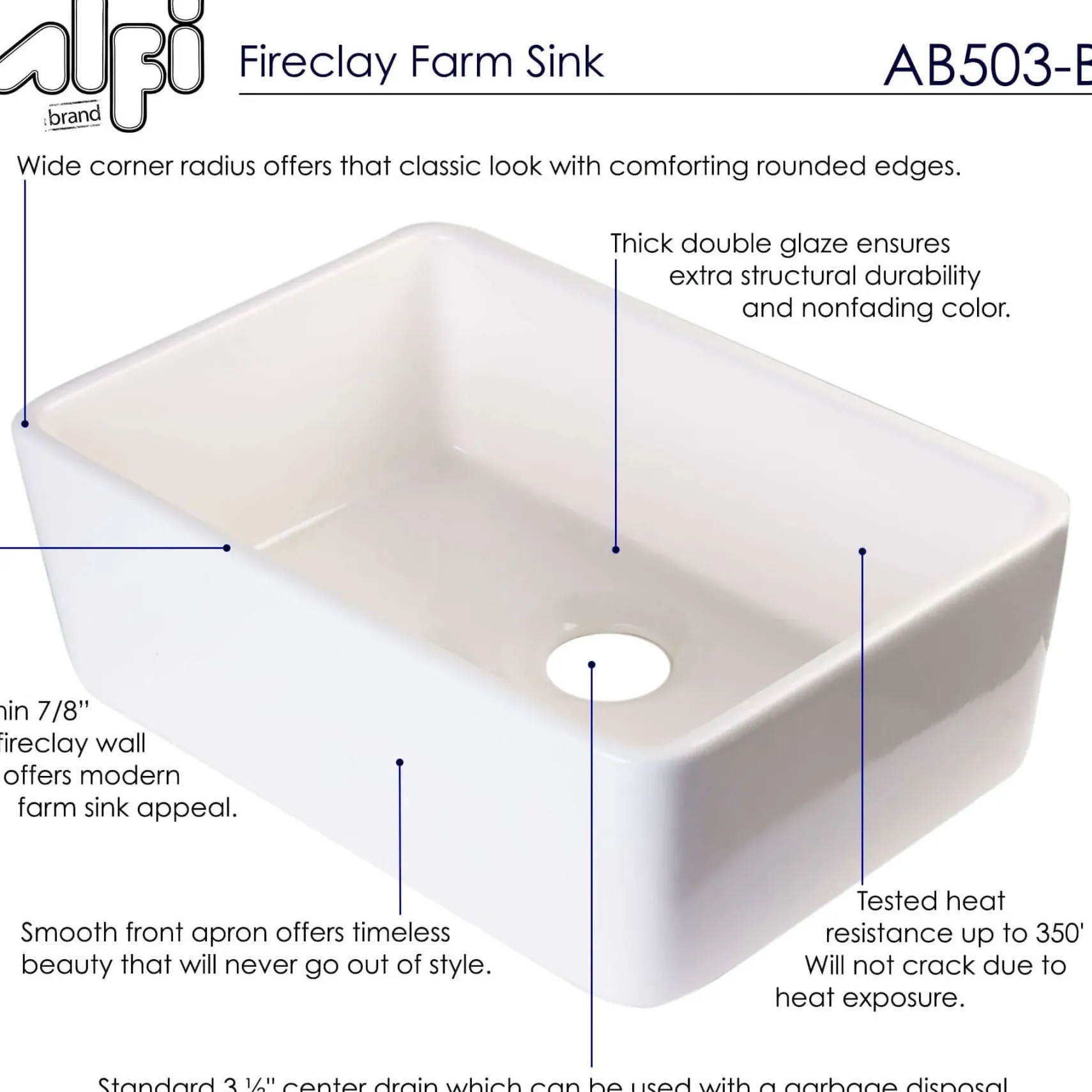 ALFI 23" Fireclay Smooth Apron Single Bowl Farmhouse Apron Sink, Biscuit AB503-B