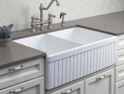 ALFI 32" Fluted Double Bowl Fireclay Farmhouse Apron Sink, White, AB537-W